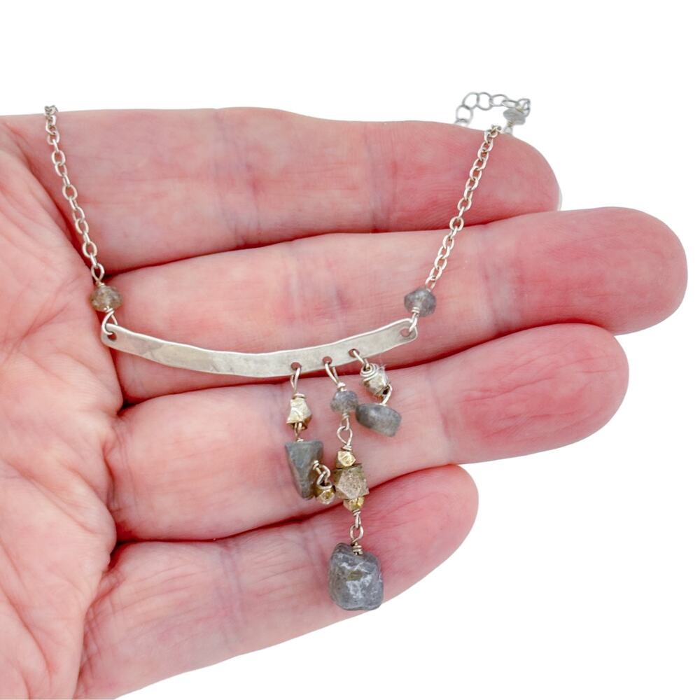 Vintage Sterling Silver 925 Labradorite Bar Necklace 16-18"